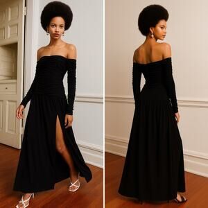 TANYA TAYLOR Marla Ruched Maxi Fit and Flare Dress Off Shoulder Long Sleeve NEW